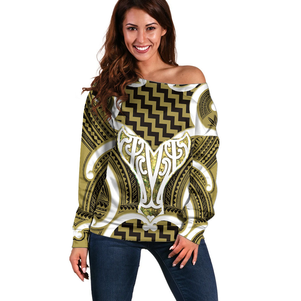 Aotearoa Atua Tangaroa Personalised Off Shoulder Sweater God Of The Sea Maori Whale Tail Yellow