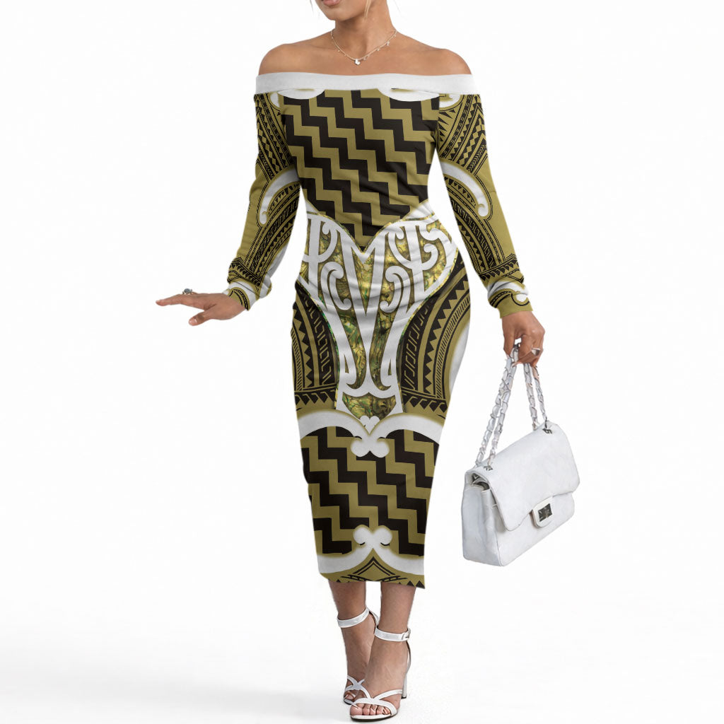 Aotearoa Atua Tangaroa Personalised Off The Shoulder Long Sleeve Dress God Of The Sea Maori Whale Tail Yellow