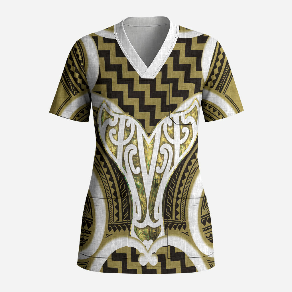 Aotearoa Atua Tangaroa Personalised Scrub Top God Of The Sea Maori Whale Tail Yellow