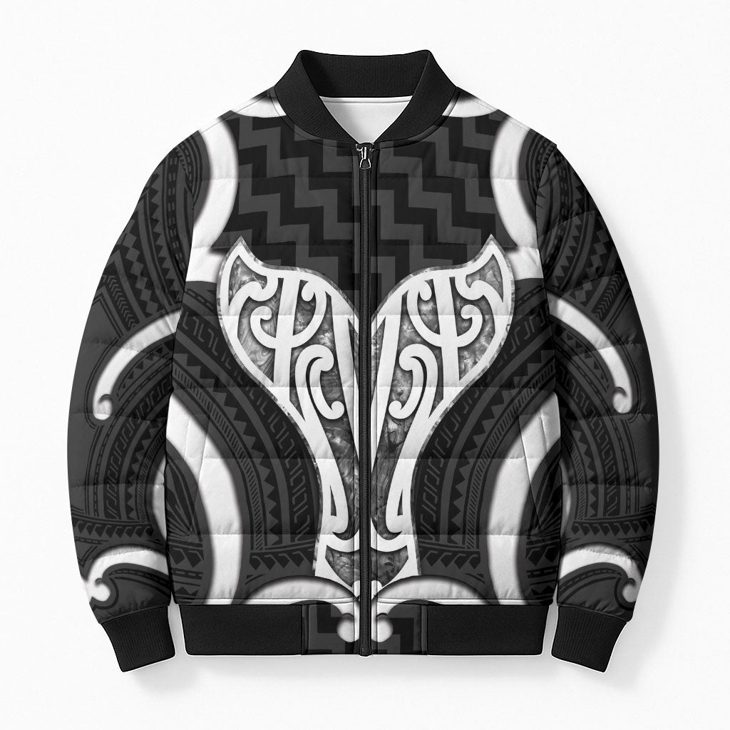 Aotearoa Atua Tangaroa Personalised Bomber Puffer Jacket God Of The Sea Maori Whale Tail Black
