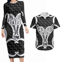 Aotearoa Atua Tangaroa Personalised Couples Matching Long Sleeve Bodycon Dress and Hawaiian Shirt God Of The Sea Maori Whale Tail Black