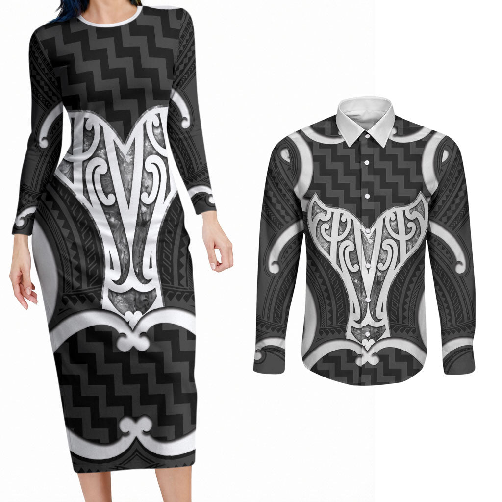 Aotearoa Atua Tangaroa Personalised Couples Matching Long Sleeve Bodycon Dress and Long Sleeve Button Shirt God Of The Sea Maori Whale Tail Black