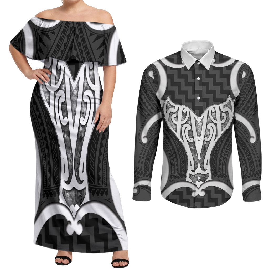 Aotearoa Atua Tangaroa Personalised Couples Matching Off Shoulder Maxi Dress and Long Sleeve Button Shirt God Of The Sea Maori Whale Tail Black