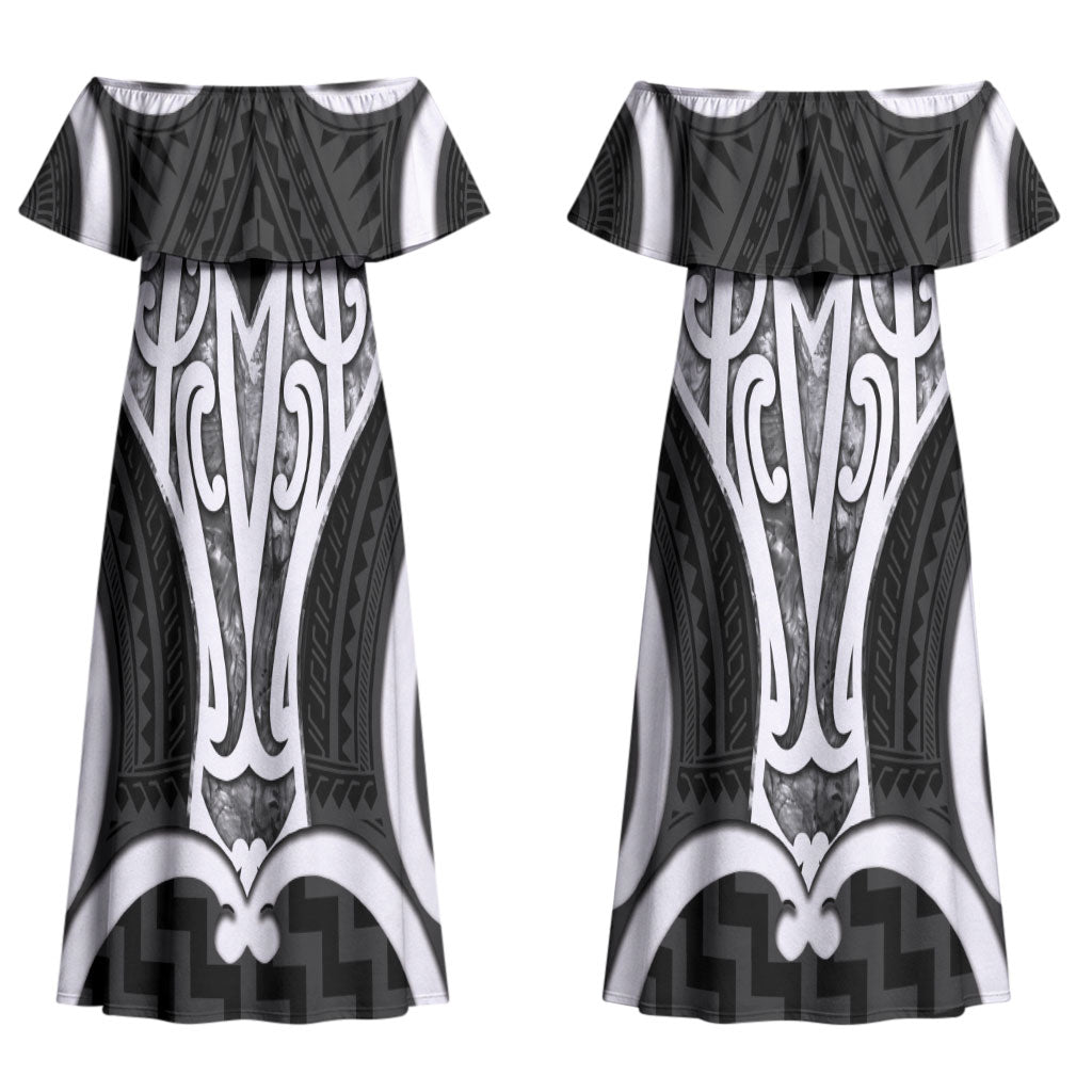 Aotearoa Atua Tangaroa Personalised Couples Matching Off Shoulder Maxi Dress and Long Sleeve Button Shirt God Of The Sea Maori Whale Tail Black