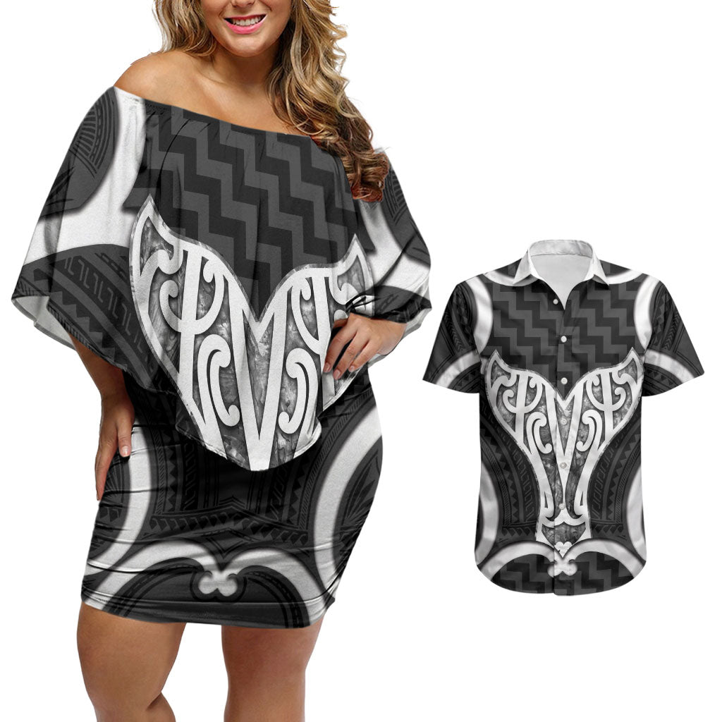 Aotearoa Atua Tangaroa Personalised Couples Matching Off Shoulder Short Dress and Hawaiian Shirt God Of The Sea Maori Whale Tail Black