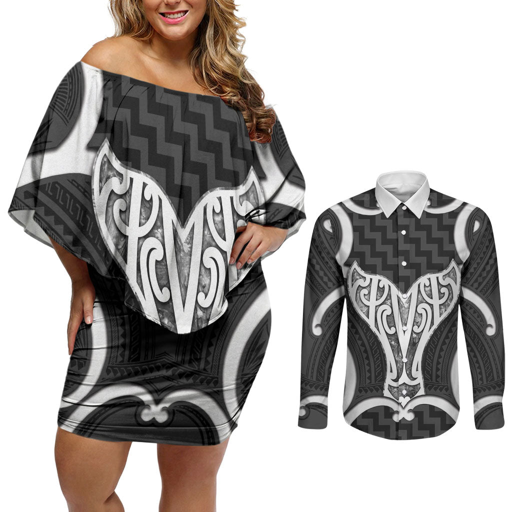 Aotearoa Atua Tangaroa Personalised Couples Matching Off Shoulder Short Dress and Long Sleeve Button Shirt God Of The Sea Maori Whale Tail Black