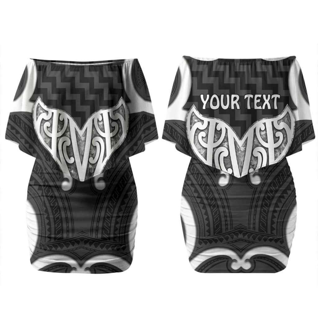 Aotearoa Atua Tangaroa Personalised Couples Matching Off Shoulder Short Dress and Long Sleeve Button Shirt God Of The Sea Maori Whale Tail Black