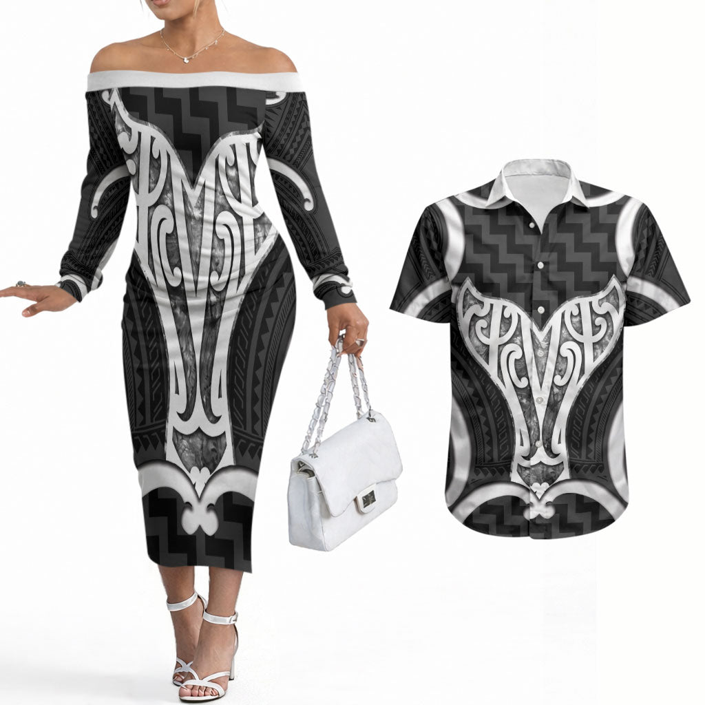 Aotearoa Atua Tangaroa Personalised Couples Matching Off The Shoulder Long Sleeve Dress and Hawaiian Shirt God Of The Sea Maori Whale Tail Black