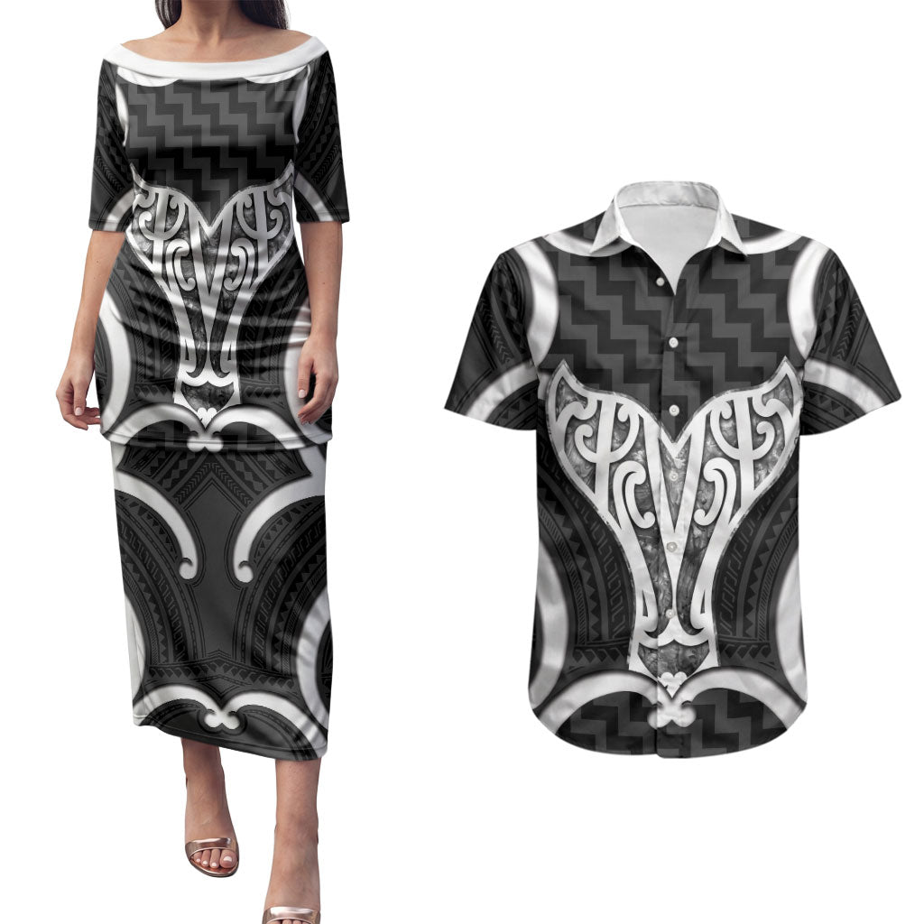 Aotearoa Atua Tangaroa Personalised Couples Matching Puletasi and Hawaiian Shirt God Of The Sea Maori Whale Tail Black
