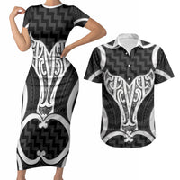 Aotearoa Atua Tangaroa Personalised Couples Matching Short Sleeve Bodycon Dress and Hawaiian Shirt God Of The Sea Maori Whale Tail Black