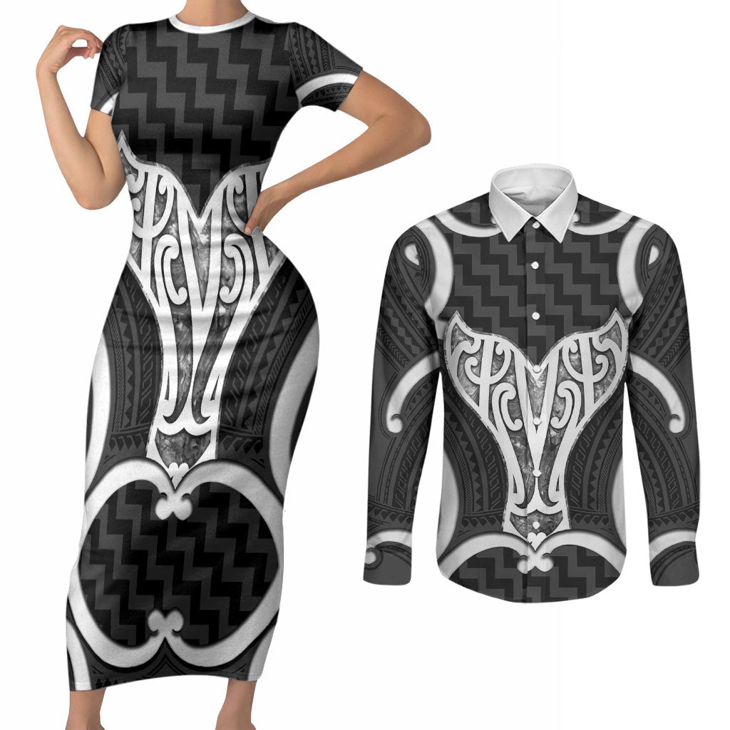 Aotearoa Atua Tangaroa Personalised Couples Matching Short Sleeve Bodycon Dress and Long Sleeve Button Shirt God Of The Sea Maori Whale Tail Black