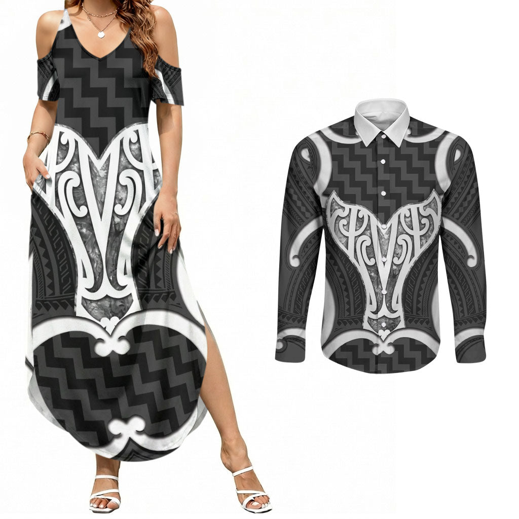 Aotearoa Atua Tangaroa Personalised Couples Matching Summer Maxi Dress and Long Sleeve Button Shirt God Of The Sea Maori Whale Tail Black