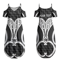 Aotearoa Atua Tangaroa Personalised Couples Matching Summer Maxi Dress and Long Sleeve Button Shirt God Of The Sea Maori Whale Tail Black