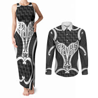 Aotearoa Atua Tangaroa Personalised Couples Matching Tank Maxi Dress and Long Sleeve Button Shirt God Of The Sea Maori Whale Tail Black
