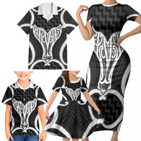 Aotearoa Atua Tangaroa Personalised Family Matching Short Sleeve Bodycon Dress and Hawaiian Shirt God Of The Sea Maori Whale Tail Black