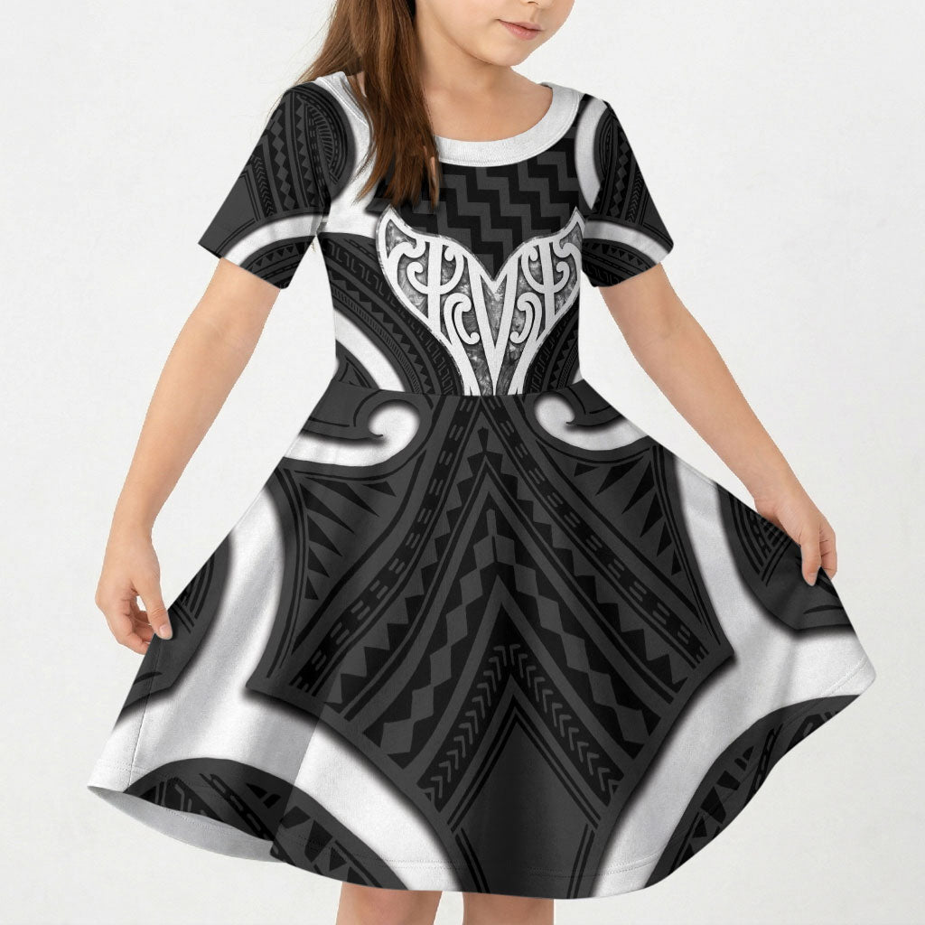 Aotearoa Atua Tangaroa Personalised Kid Short Sleeve Dress God Of The Sea Maori Whale Tail Black