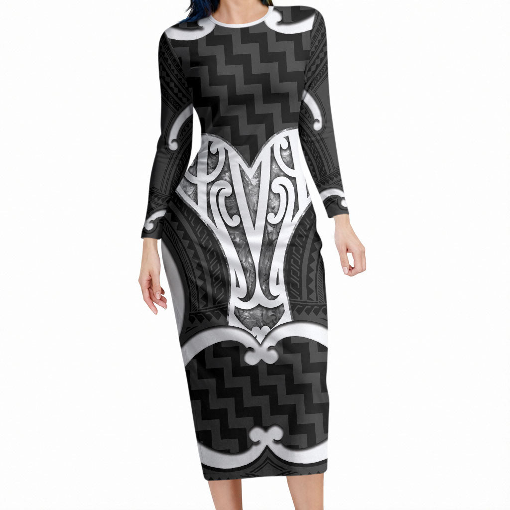 Aotearoa Atua Tangaroa Personalised Long Sleeve Bodycon Dress God Of The Sea Maori Whale Tail Black
