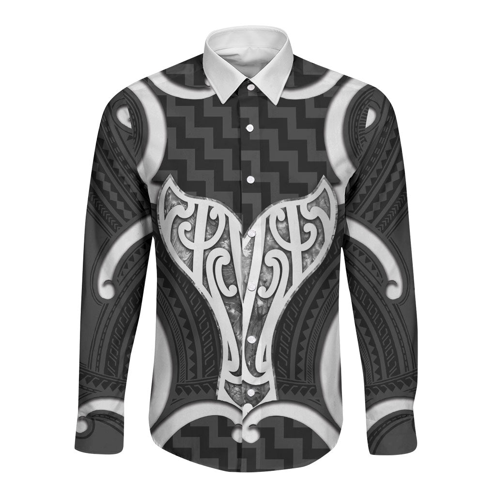 Aotearoa Atua Tangaroa Personalised Long Sleeve Button Shirt God Of The Sea Maori Whale Tail Black