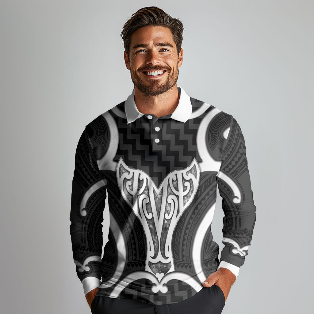 Aotearoa Atua Tangaroa Personalised Long Sleeve Polo Shirt God Of The Sea Maori Whale Tail Black