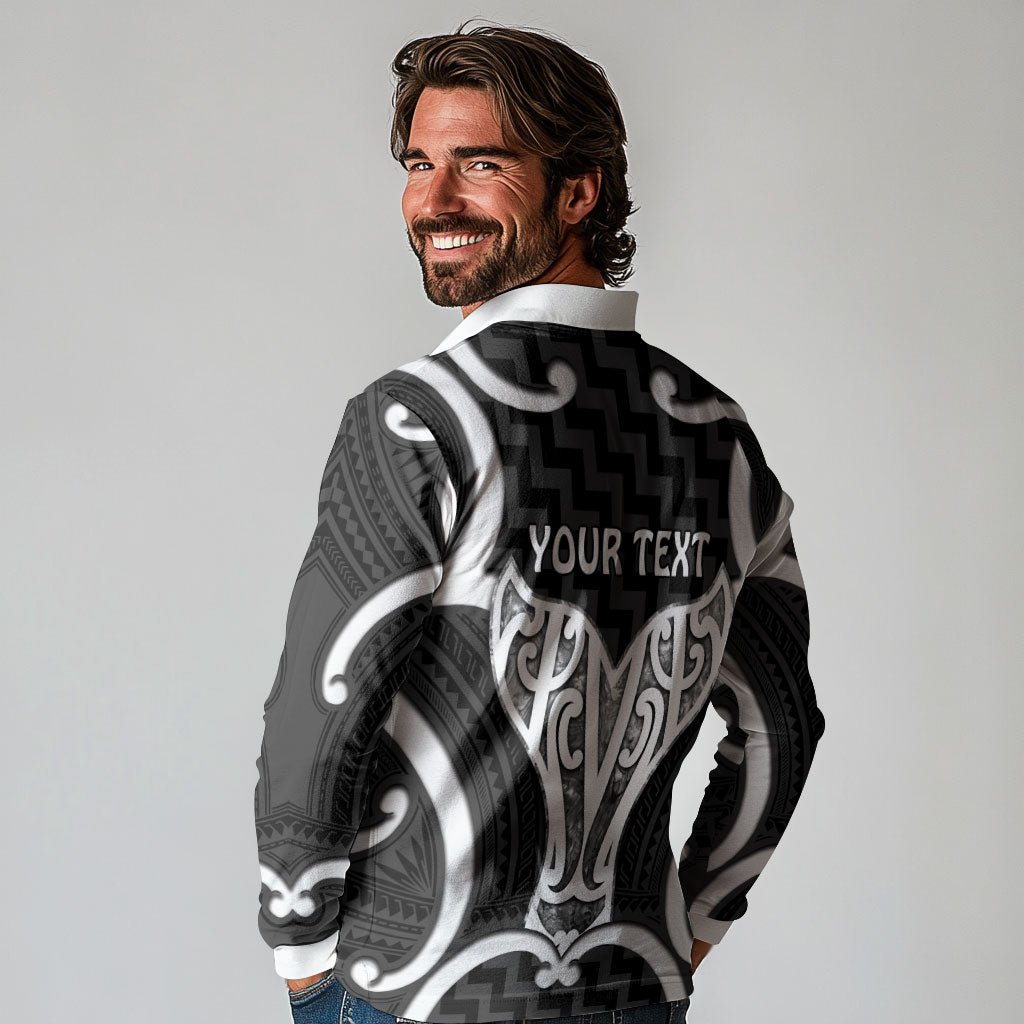 Aotearoa Atua Tangaroa Personalised Long Sleeve Polo Shirt God Of The Sea Maori Whale Tail Black