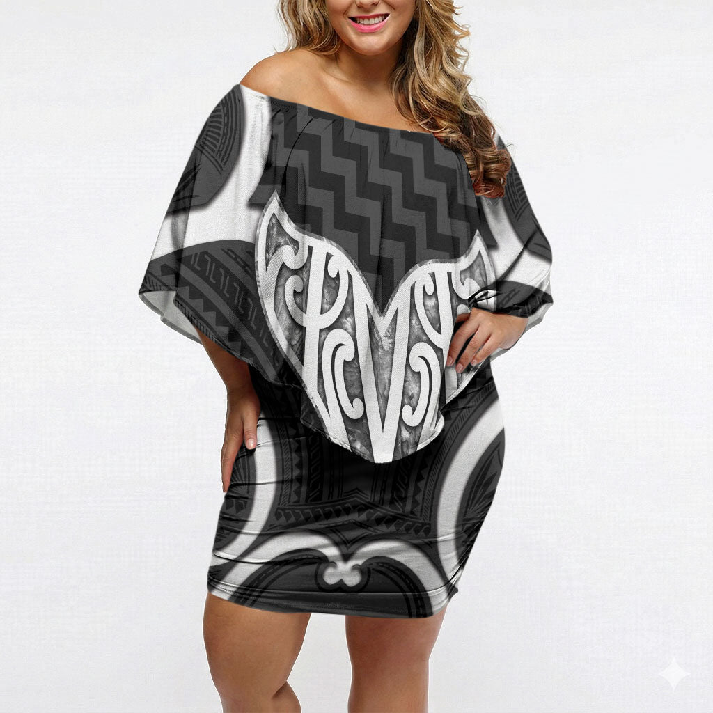 Aotearoa Atua Tangaroa Personalised Off Shoulder Short Dress God Of The Sea Maori Whale Tail Black