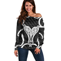 Aotearoa Atua Tangaroa Personalised Off Shoulder Sweater God Of The Sea Maori Whale Tail Black