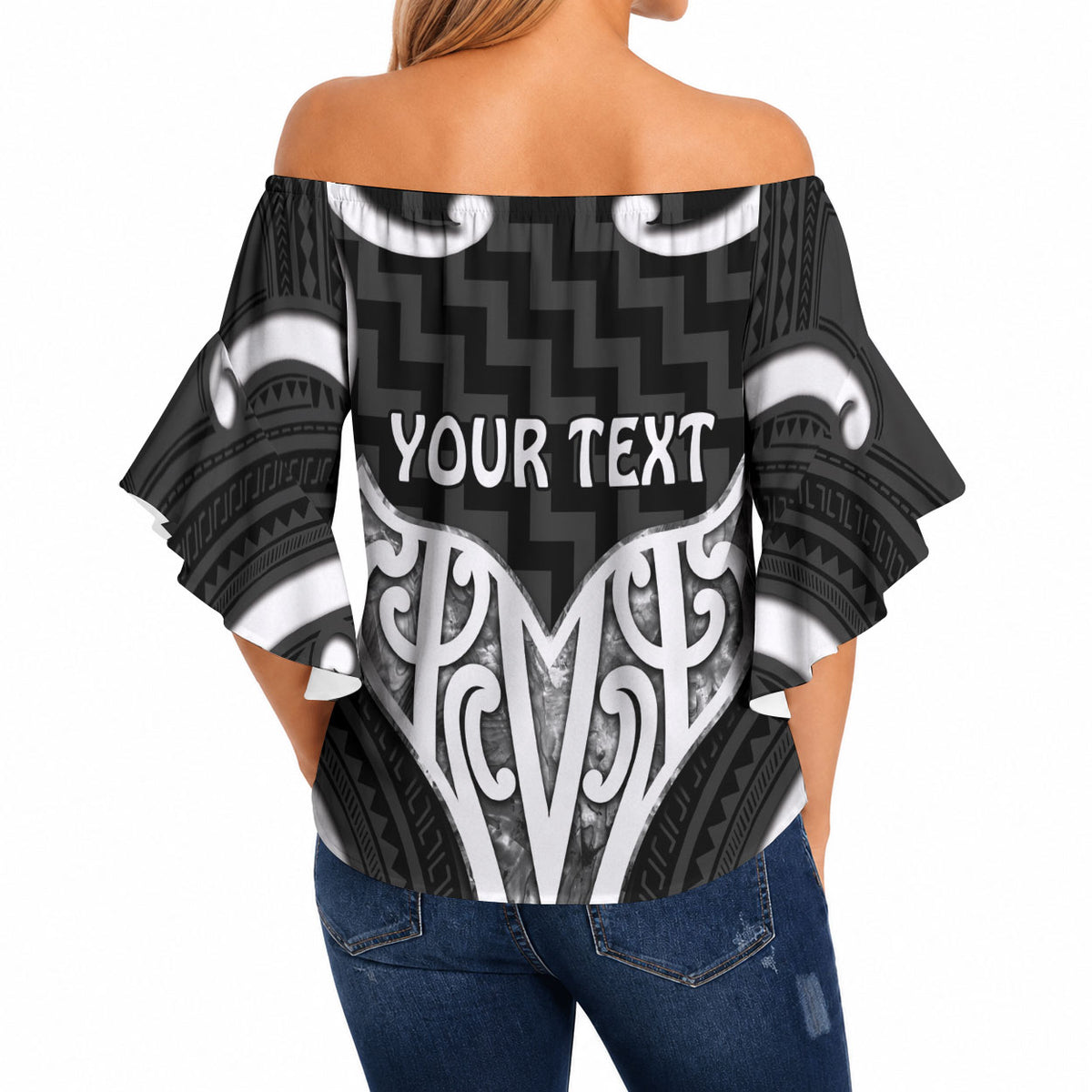 Aotearoa Atua Tangaroa Personalised Off Shoulder Wrap Waist Top God Of The Sea Maori Whale Tail Black