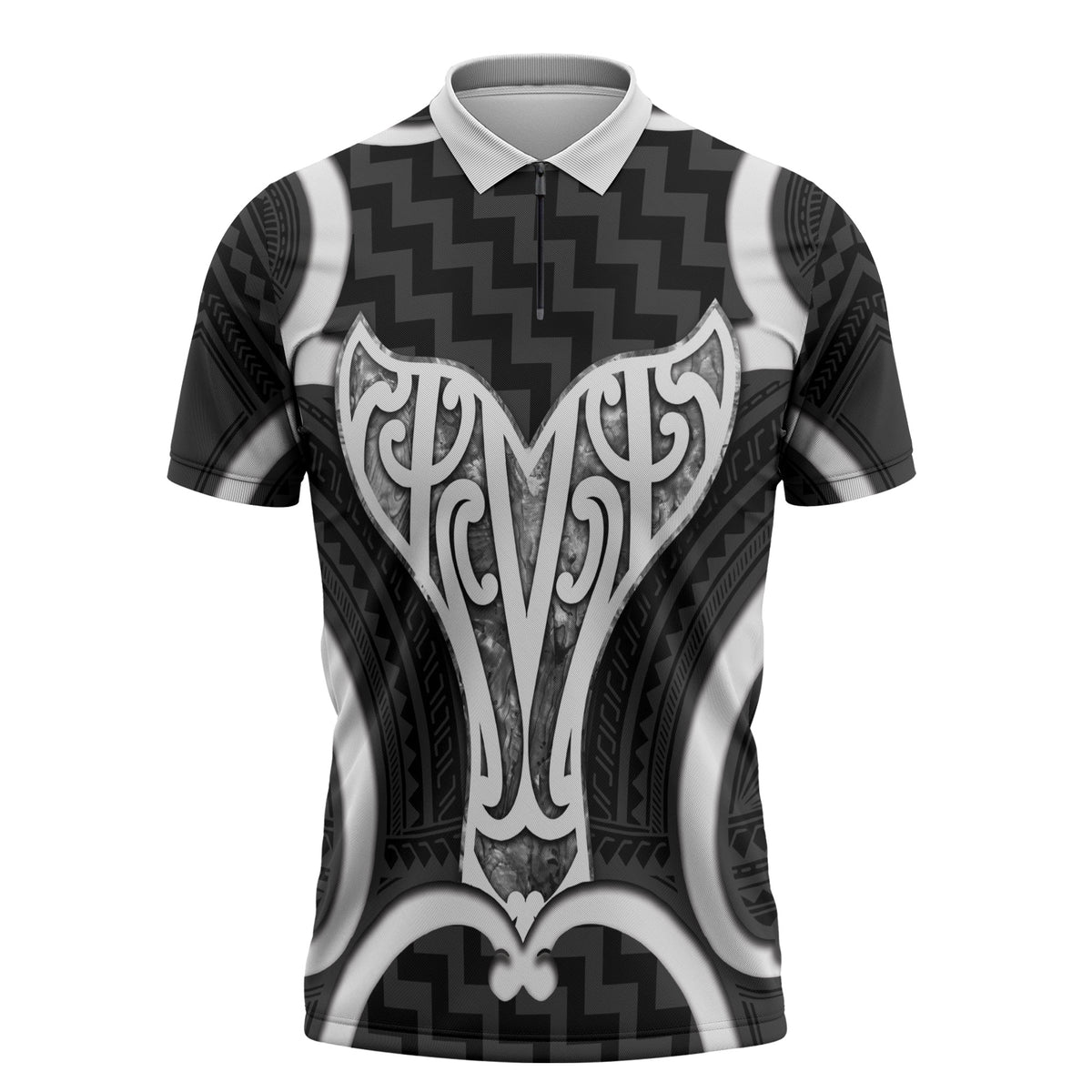 Aotearoa Atua Tangaroa Personalised Zipper Polo Shirt God Of The Sea Maori Whale Tail Black