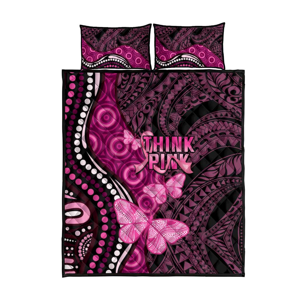 Think Pink Breast Cancer Awareness Quilt Bed Set Butterfly Aboriginal Mix Polynesian Pattern