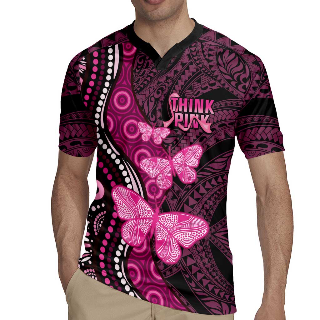 Think Pink Breast Cancer Awareness Rugby Jersey Butterfly Aboriginal Mix Polynesian Pattern