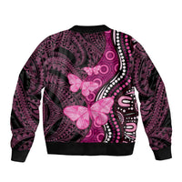 Think Pink Breast Cancer Awareness Sleeve Zip Bomber Jacket Butterfly Aboriginal Mix Polynesian Pattern