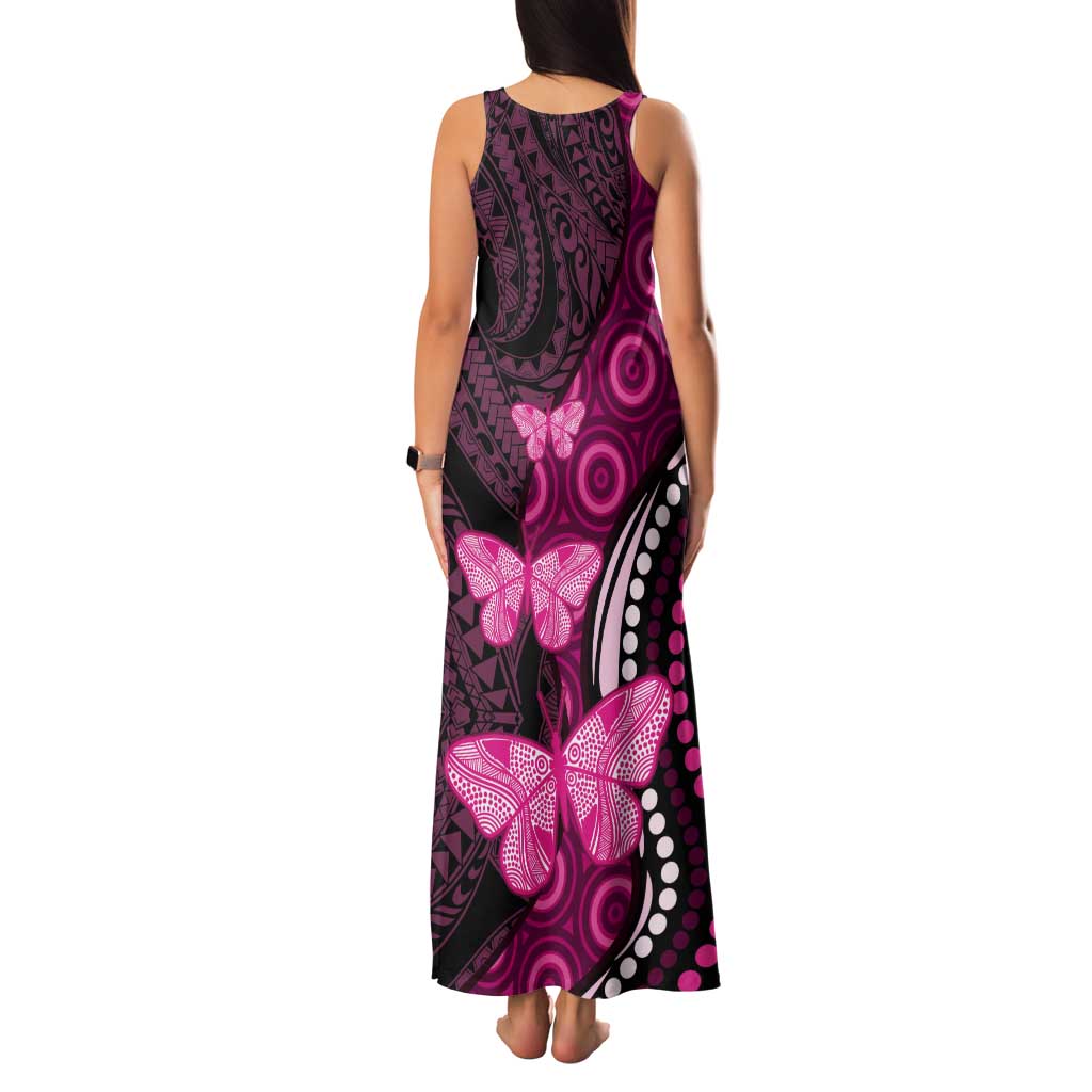Think Pink Breast Cancer Awareness Tank Maxi Dress Butterfly Aboriginal Mix Polynesian Pattern