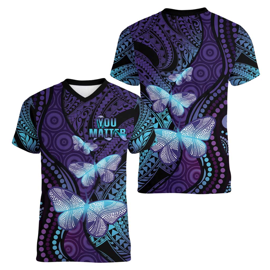 You Matter Suicide Prevention Awareness Women V-Neck T-Shirt Butterfly Aboriginal Mix Polynesian Pattern