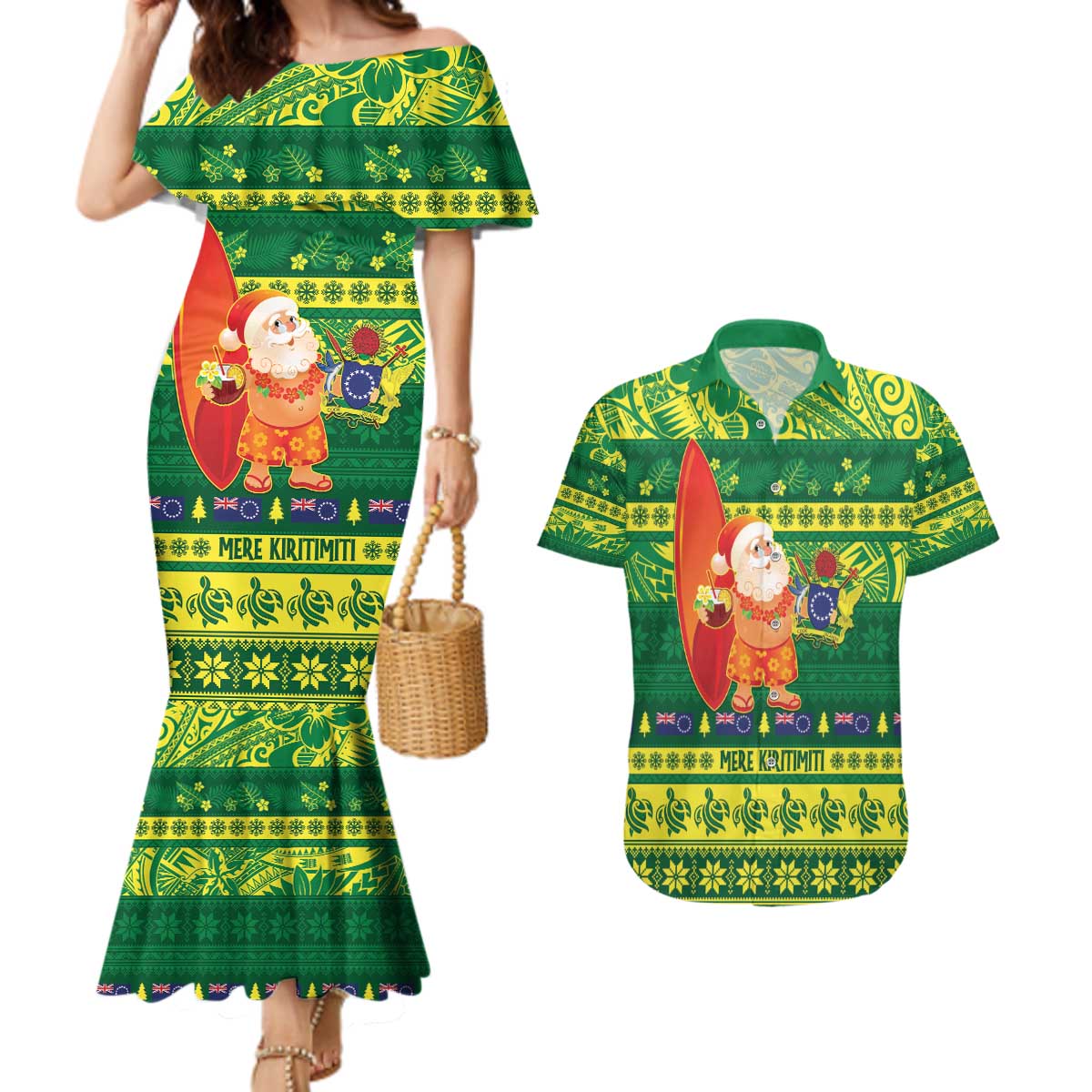 Cook Islands Christmas Couples Matching Mermaid Dress and Hawaiian Shirt Surfing Santa Mere Kiritimiti - Polynesian Pride