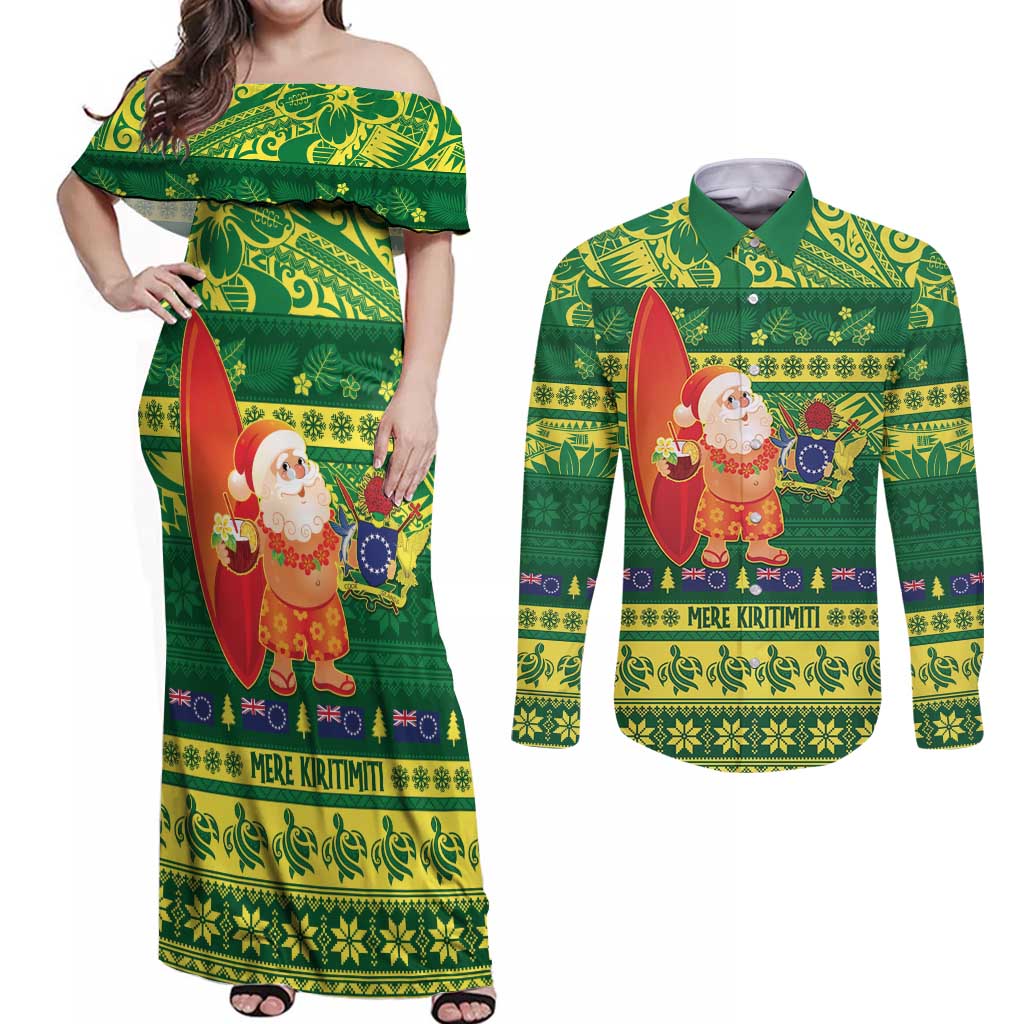 Cook Islands Christmas Couples Matching Off Shoulder Maxi Dress and Long Sleeve Button Shirt Surfing Santa Mere Kiritimiti - Polynesian Pride