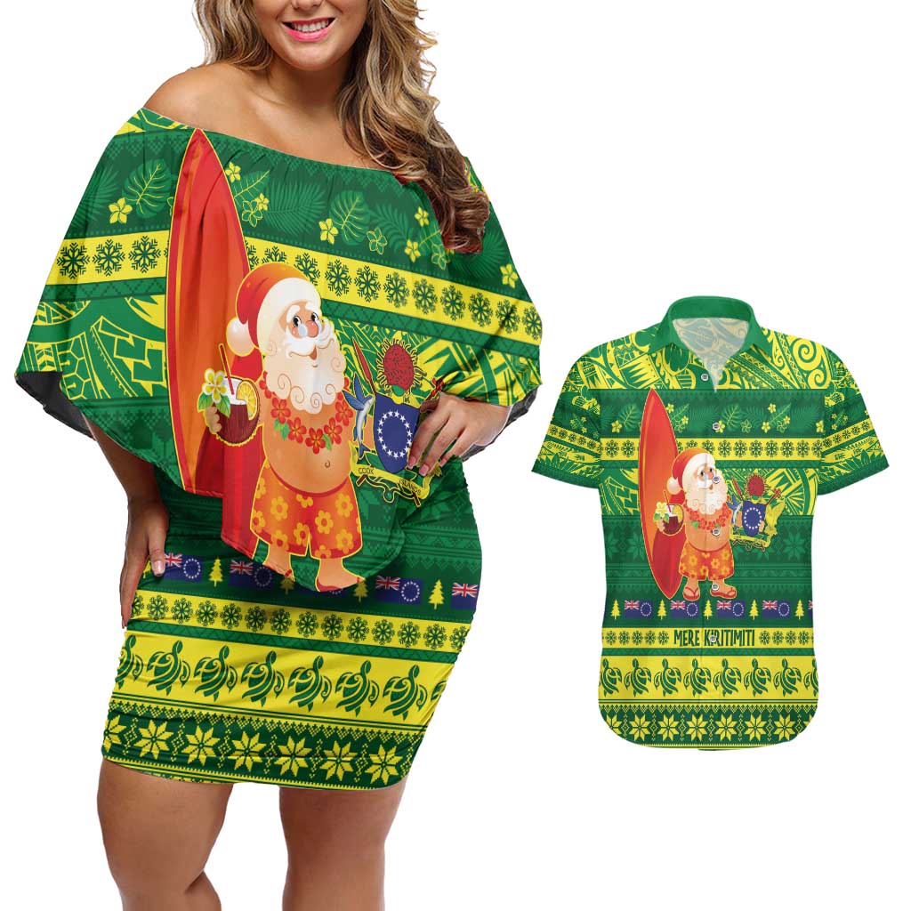 Cook Islands Christmas Couples Matching Off Shoulder Short Dress and Hawaiian Shirt Surfing Santa Mere Kiritimiti - Polynesian Pride