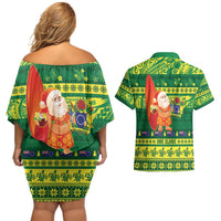 Cook Islands Christmas Couples Matching Off Shoulder Short Dress and Hawaiian Shirt Surfing Santa Mere Kiritimiti - Polynesian Pride