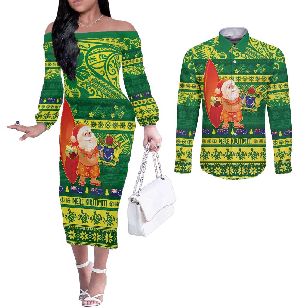 Cook Islands Christmas Couples Matching Off The Shoulder Long Sleeve Dress and Long Sleeve Button Shirt Surfing Santa Mere Kiritimiti - Polynesian Pride