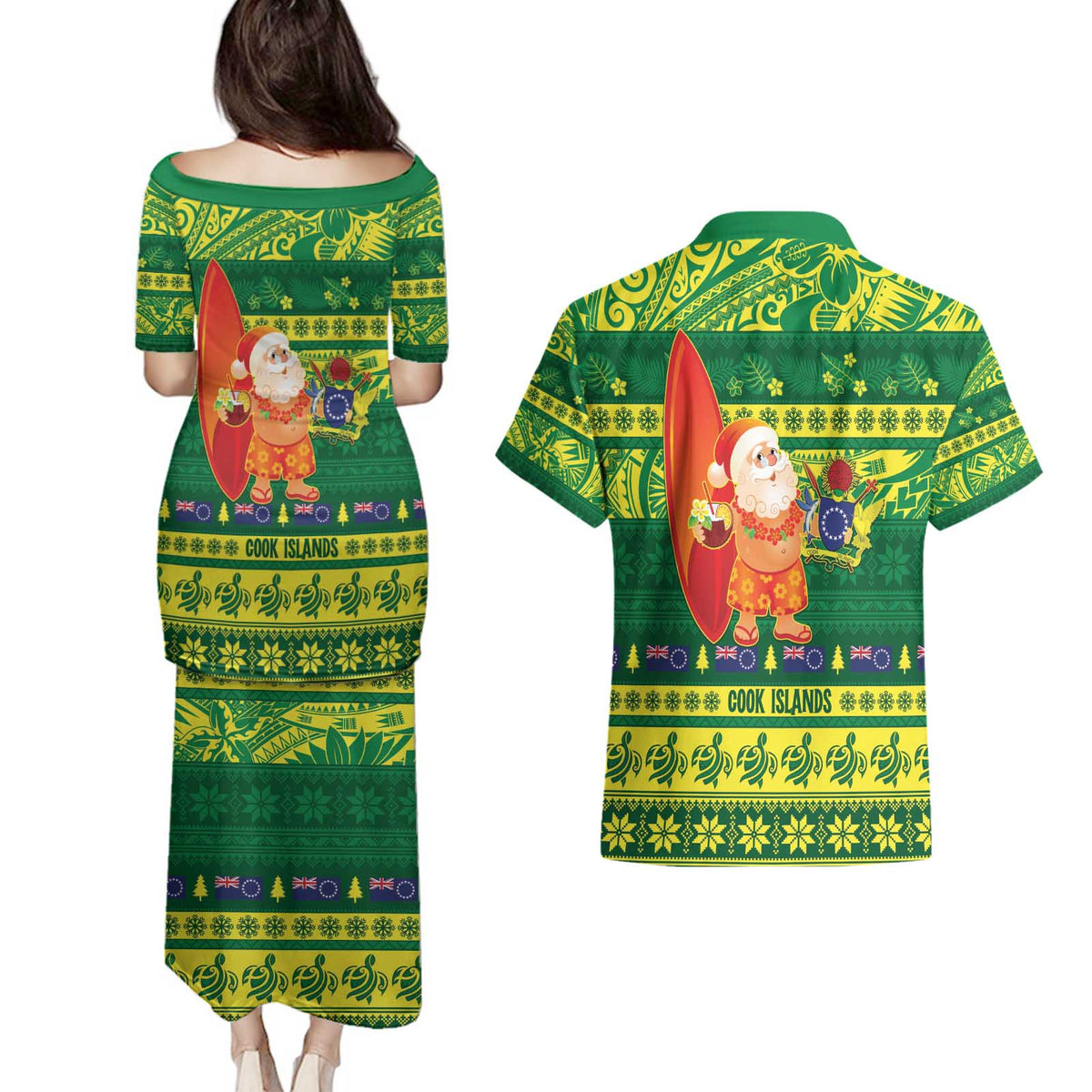 Cook Islands Christmas Couples Matching Puletasi and Hawaiian Shirt Surfing Santa Mere Kiritimiti - Polynesian Pride
