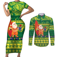 Cook Islands Christmas Couples Matching Short Sleeve Bodycon Dress and Long Sleeve Button Shirt Surfing Santa Mere Kiritimiti - Polynesian Pride