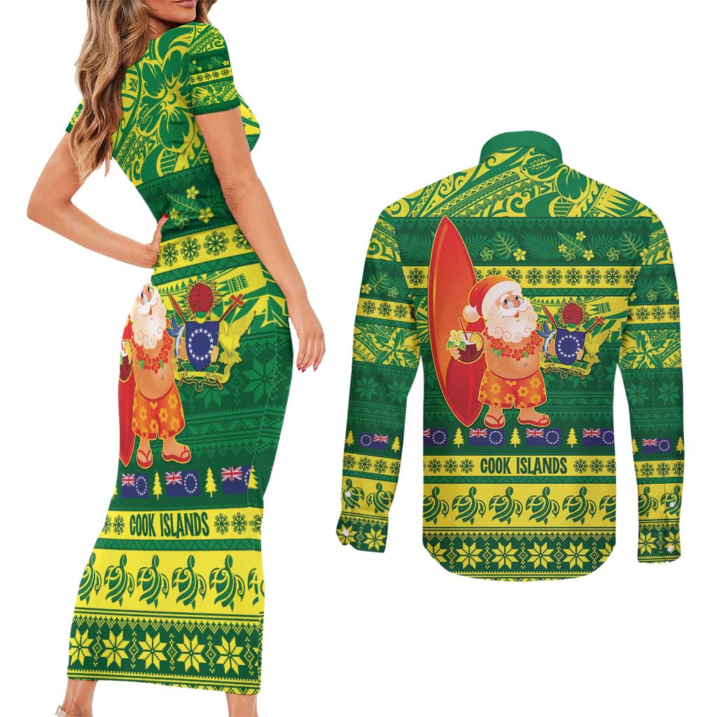 Cook Islands Christmas Couples Matching Short Sleeve Bodycon Dress and Long Sleeve Button Shirt Surfing Santa Mere Kiritimiti - Polynesian Pride