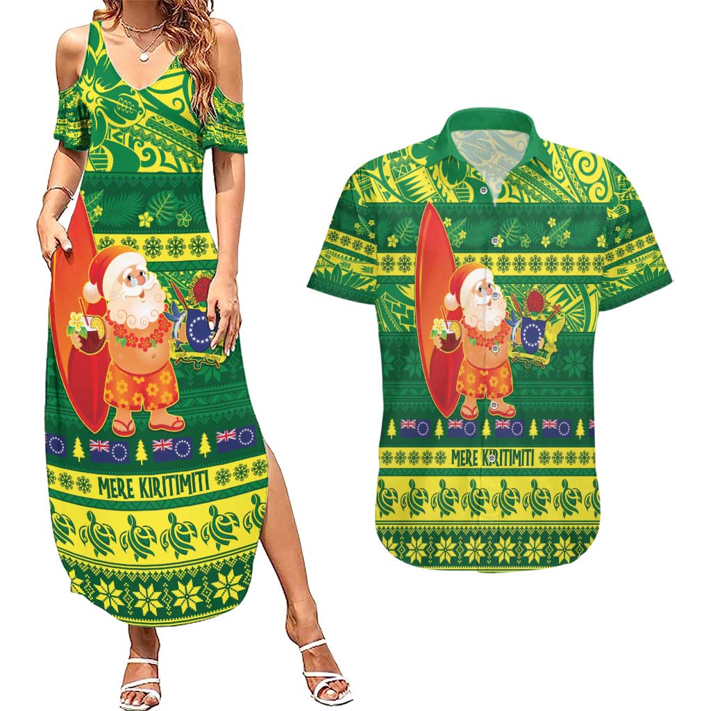 Cook Islands Christmas Couples Matching Summer Maxi Dress and Hawaiian Shirt Surfing Santa Mere Kiritimiti - Polynesian Pride