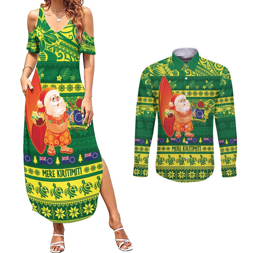 Cook Islands Christmas Couples Matching Summer Maxi Dress and Long Sleeve Button Shirt Surfing Santa Mere Kiritimiti - Polynesian Pride