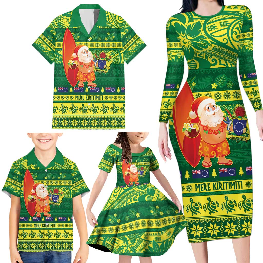 Cook Islands Christmas Family Matching Long Sleeve Bodycon Dress and Hawaiian Shirt Surfing Santa Mere Kiritimiti - Polynesian Pride