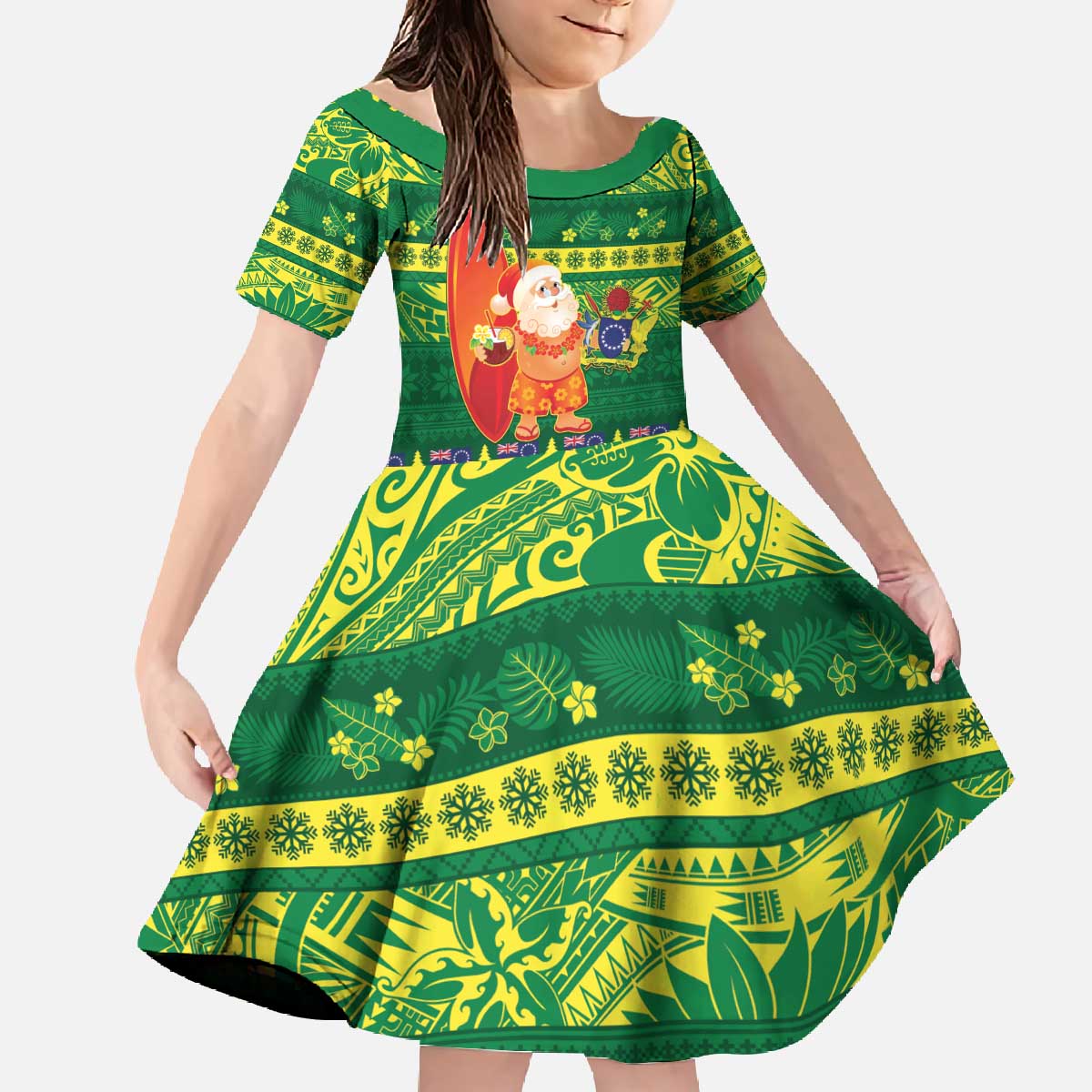 Cook Islands Christmas Family Matching Off The Shoulder Long Sleeve Dress and Hawaiian Shirt Surfing Santa Mere Kiritimiti - Polynesian Pride