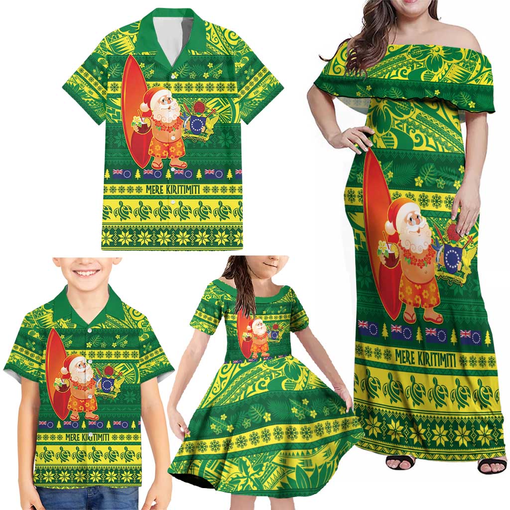 Cook Islands Christmas Family Matching Off Shoulder Maxi Dress and Hawaiian Shirt Surfing Santa Mere Kiritimiti - Polynesian Pride