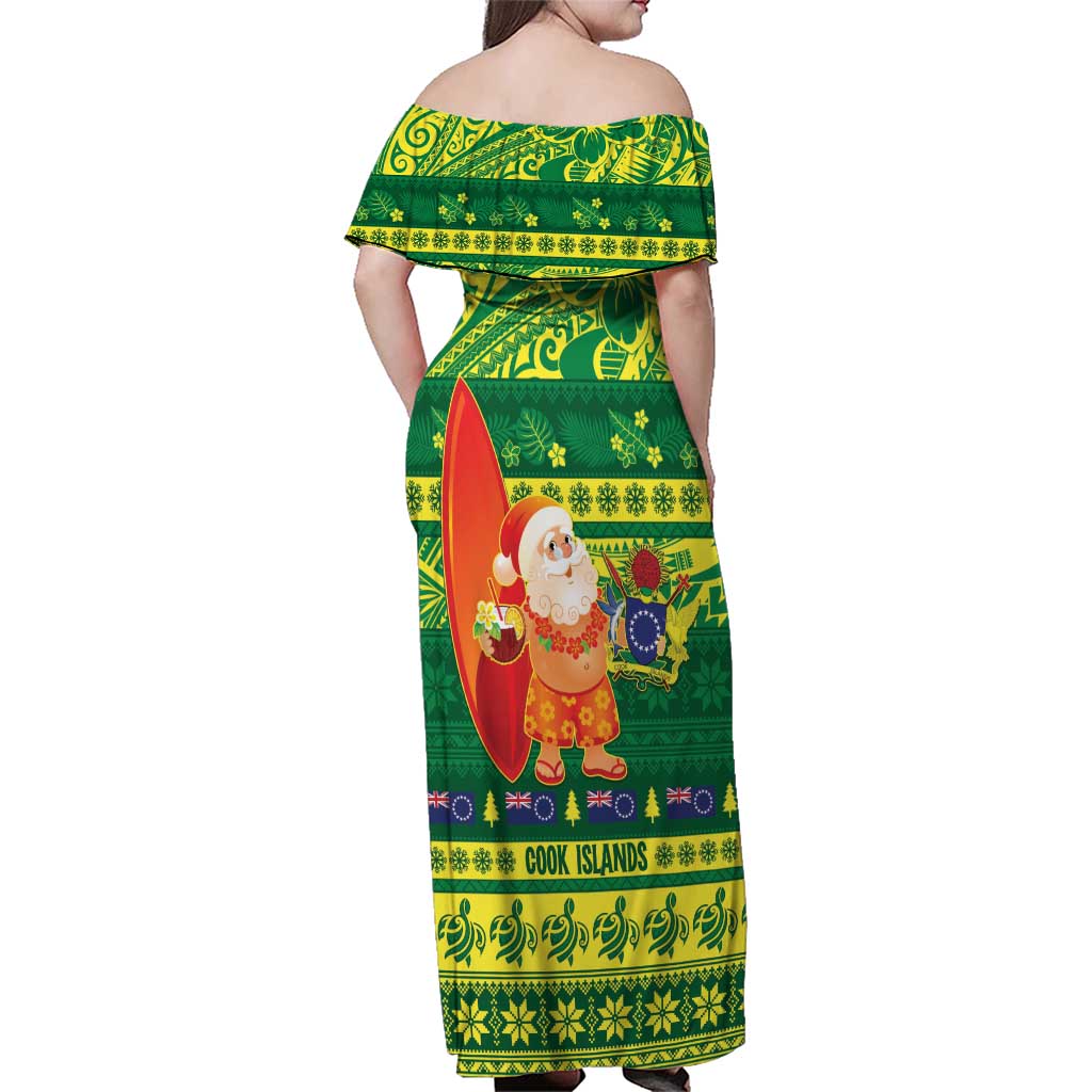 Cook Islands Christmas Family Matching Off Shoulder Maxi Dress and Hawaiian Shirt Surfing Santa Mere Kiritimiti - Polynesian Pride