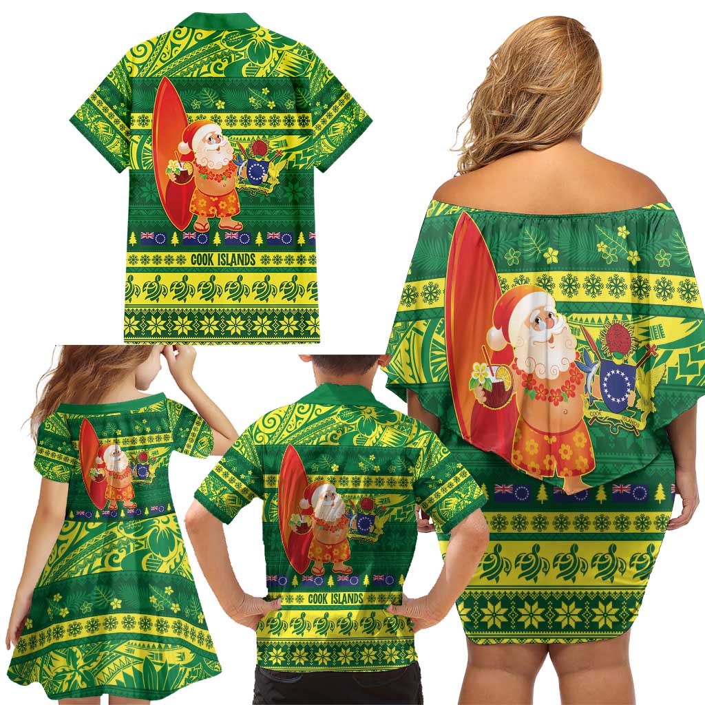 Cook Islands Christmas Family Matching Off Shoulder Short Dress and Hawaiian Shirt Surfing Santa Mere Kiritimiti - Polynesian Pride