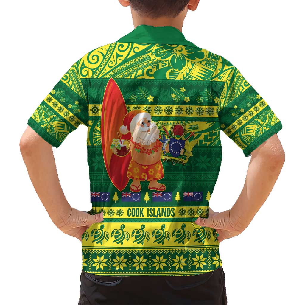 Cook Islands Christmas Kid Hawaiian Shirt Surfing Santa Mere Kiritimiti - Polynesian Pride