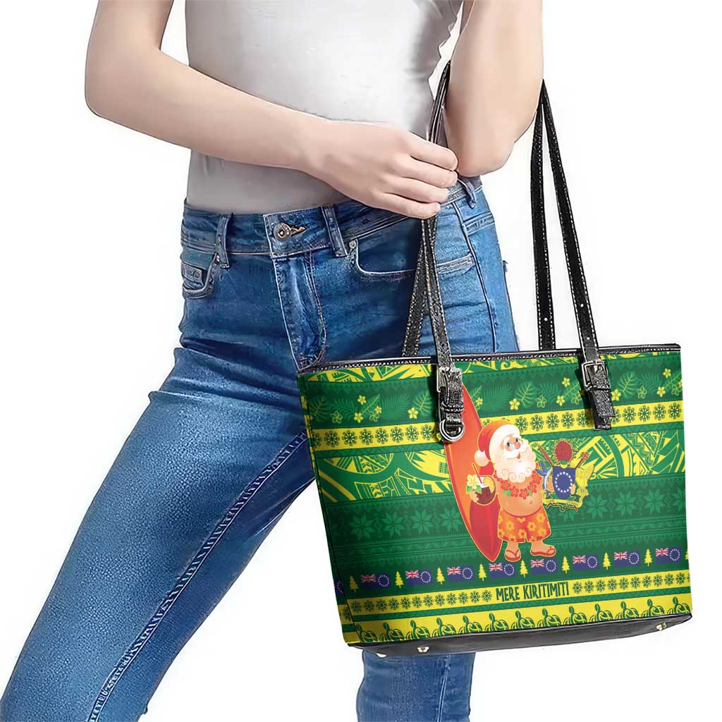 Cook Islands Christmas Leather Tote Bag Surfing Santa Mere Kiritimiti - Polynesian Pride